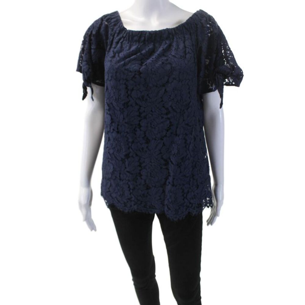 Eye Of The Needle Womens Floral Lace Off Shoulder Blouse Top Navy Blue Size S